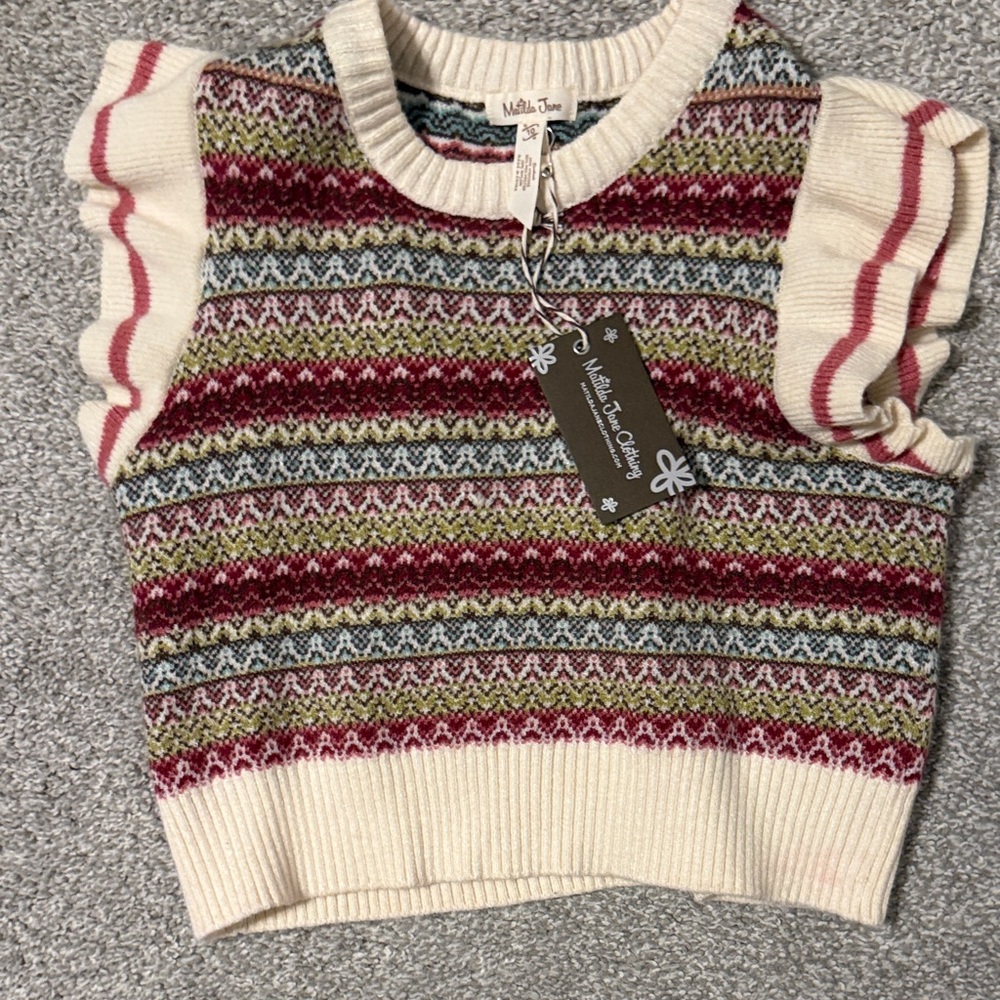 Matilda Jane Girls' Ivory Fair Isle Ruffle Sleeve Sweater Top